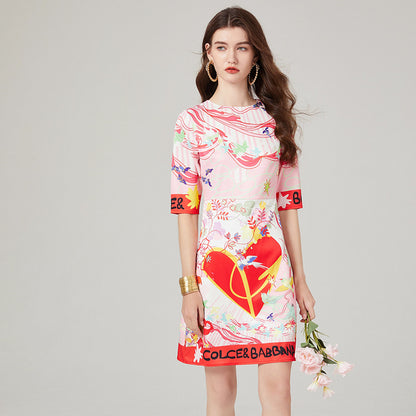 Real shot, spring and summer new product simple style round neck printed high waist and thin dress, medium sleeve A-shaped skirt