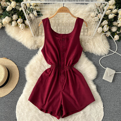 vmtvr going out outfits Summer New Ins Seaside Holiday Style Solid Color Wide-Leg One-Piece Shorts Women's Single-Breasted U-Neck Suspender Jumpsuit Pants