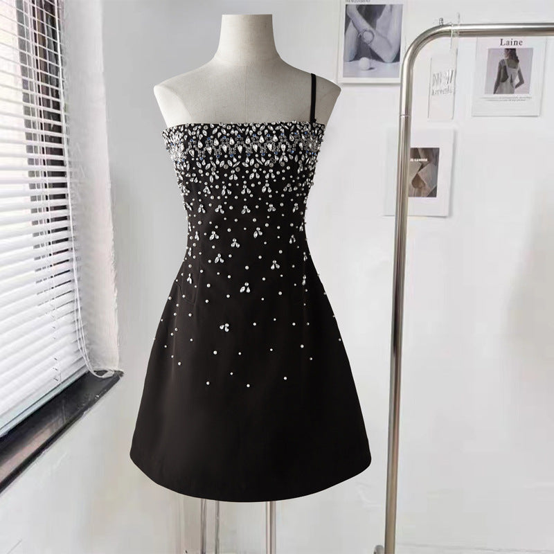 vmtvr outfit inspo Heavy Industry Rhinestone Beaded Backless Dress Women's Summer High-Grade A- line Skirt