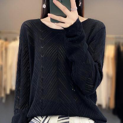 vmtvr clothes Autumn and Winter 2024 Korean Style Hollow round Neck Sweater Japanese Style Simple Lazy Slimming Sweater for Women