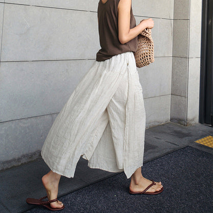 vmtvr 2000s fashion Linen Large Slit Culottes One-Piece Women's Spring and Summer Loose plus Size Casual Cropped Pants Fake Two-Piece Cotton Linen Wide-Leg Pants Skirt