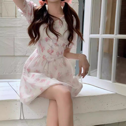 vmtvr outfit inspo Pink Floral Dress Women's Summer 2024 New Elegant Socialite Sweet Waist Princess Style Fluffy Short Skirt