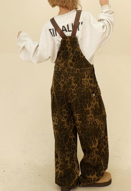 vmtvr Summer Fits Leopard Print Denim Suspender Pants for Women 2024 Spring Fashion Brand New Loose Casual BF American Retro Straight Long Pants