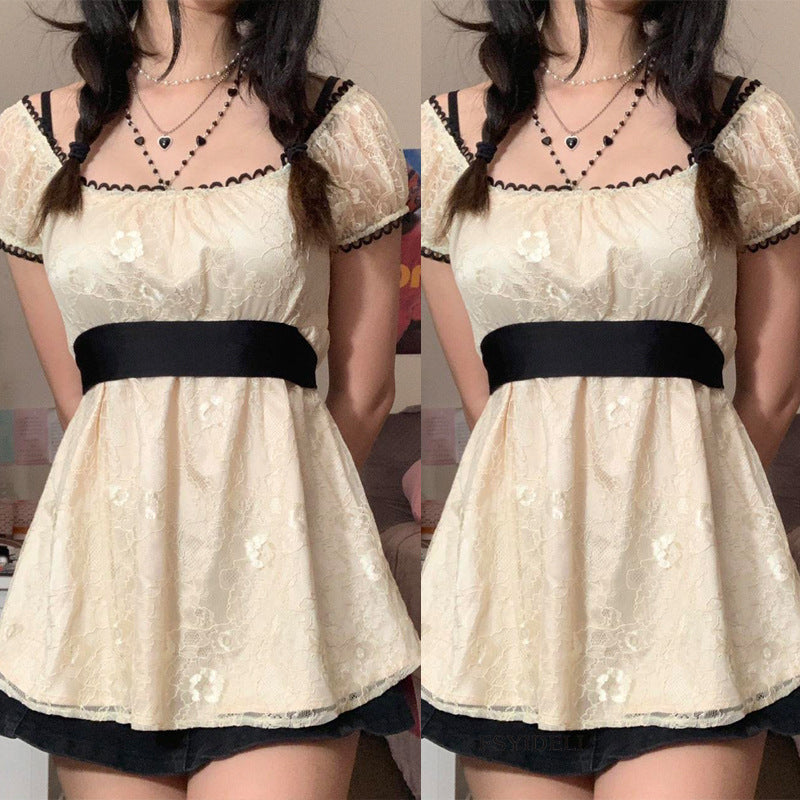 vmtvr pop culture dress to impress New Lace Top Women's Tight Waist Mesh Lace Shirt Mid-Length Short Sleeve Lace T-shirt