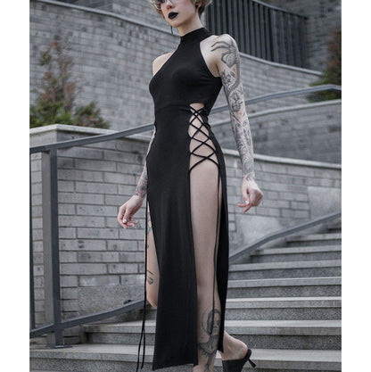 vmtvr cybergoth dress to impress Slim-Fit Slimming Hot Girl Hip Strap Dress Sexy Halter Hollow-out Double Slit Dress