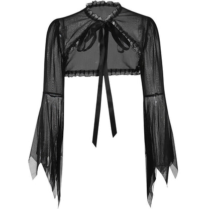 -Fall Outfits Long Sleeve Top  pretty halloween costumes Cf194 Dark Style Short See-through Top Women's Lace Stitching Lace-up Burnt-out Cuff Blouse