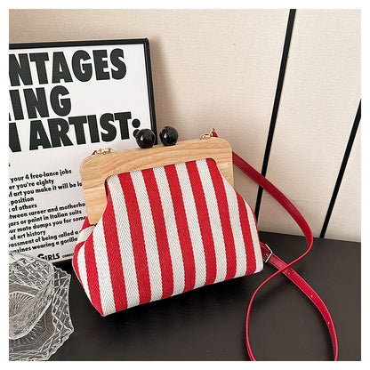 VMTVR 2025  new women's bag striped canvas wooden clip clutch bag fashionable and exquisite Internet celebrity same shoulder messenger bag