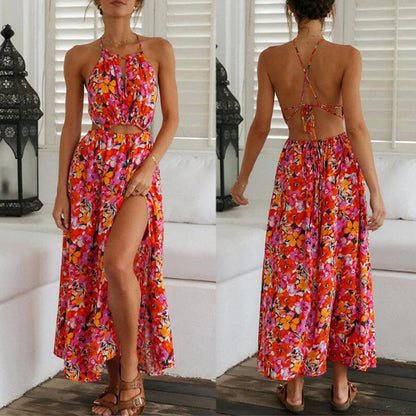 vmtvr rainforest dress to impress Summer Women's Halter Red Printed Sexy Backless Waist-Tight Large Swing Beach Dress