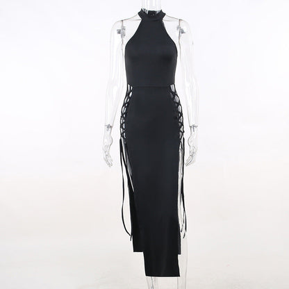 vmtvr cybergoth dress to impress Slim-Fit Slimming Hot Girl Hip Strap Dress Sexy Halter Hollow-out Double Slit Dress