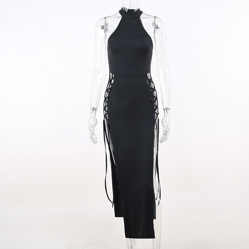 vmtvr cybergoth dress to impress Slim-Fit Slimming Hot Girl Hip Strap Dress Sexy Halter Hollow-out Double Slit Dress