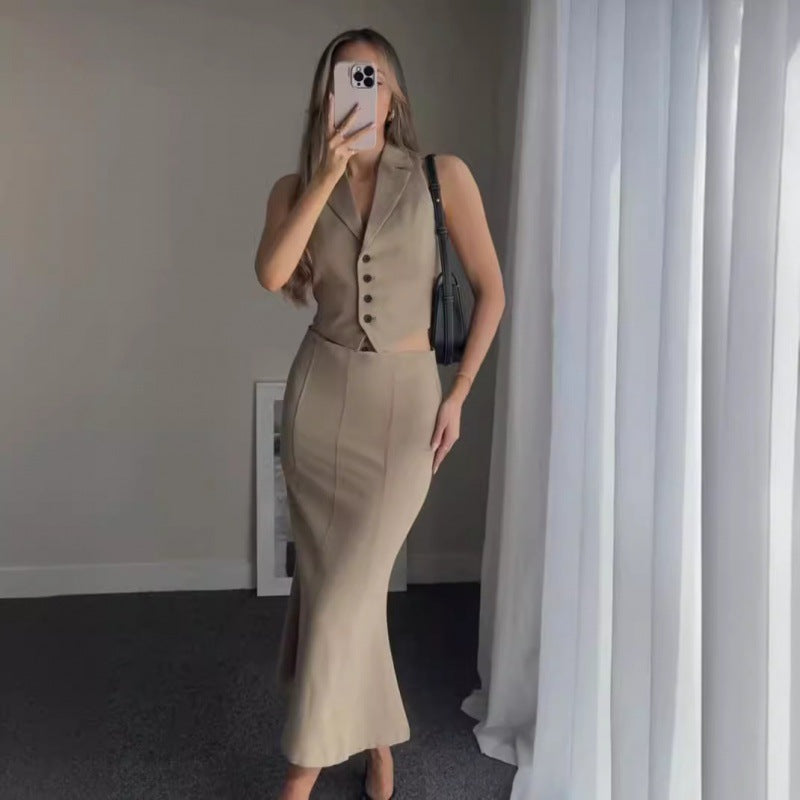 vmtvr business casual outfits for women 2024 Summer New American Hot Girl Back Opening Design Vest High Waist Fishtail Skirt Mid-Length Skirt Suit