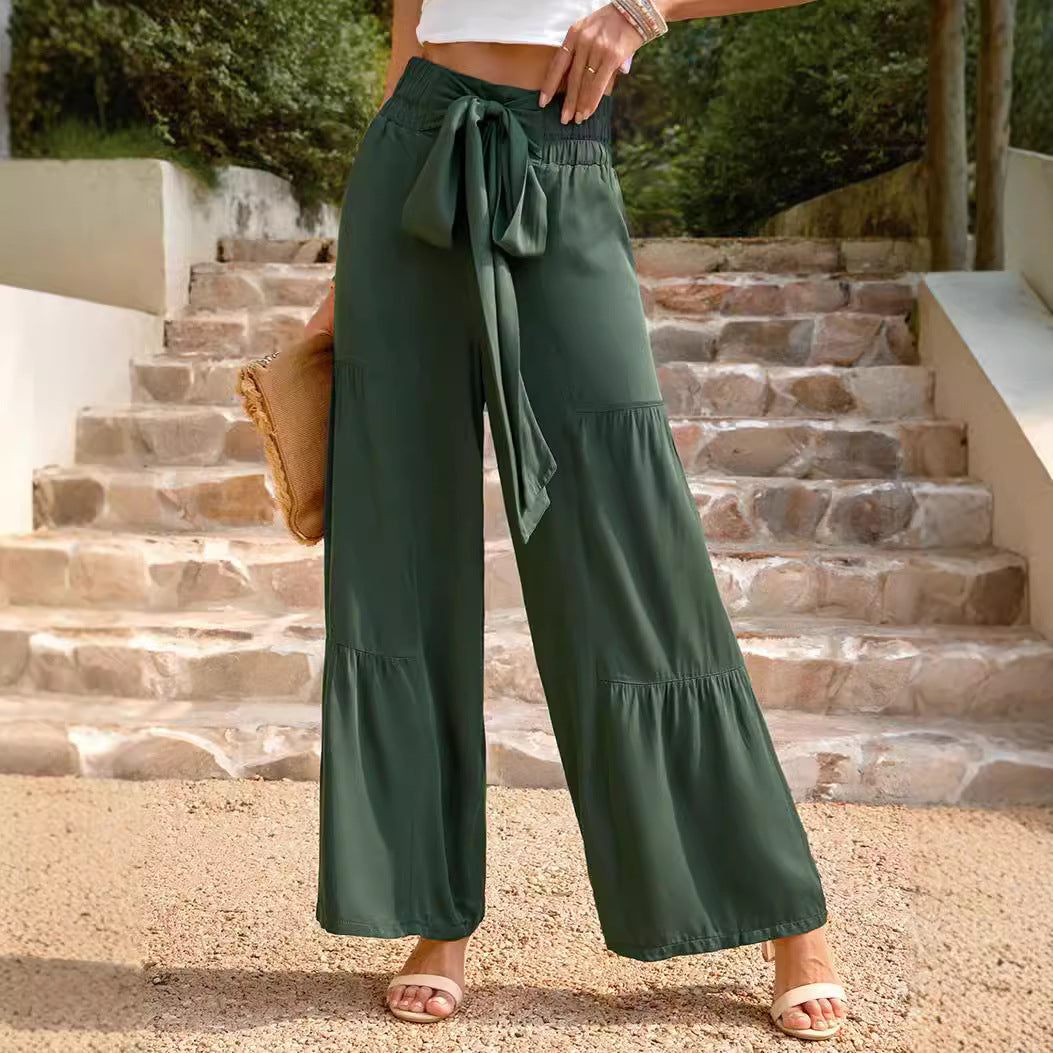 vmtvr Business Casual Outfits Woman Summer Women's Fashion Lace-up Stitching High Waist Pleated Wide-Leg Pants Casual Solid Color Loose Trousers