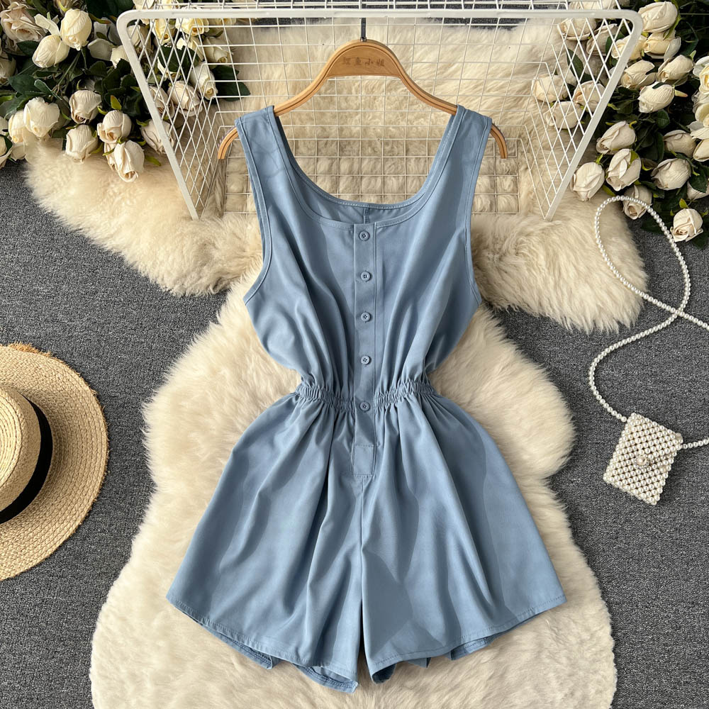 vmtvr going out outfits Summer New Ins Seaside Holiday Style Solid Color Wide-Leg One-Piece Shorts Women's Single-Breasted U-Neck Suspender Jumpsuit Pants