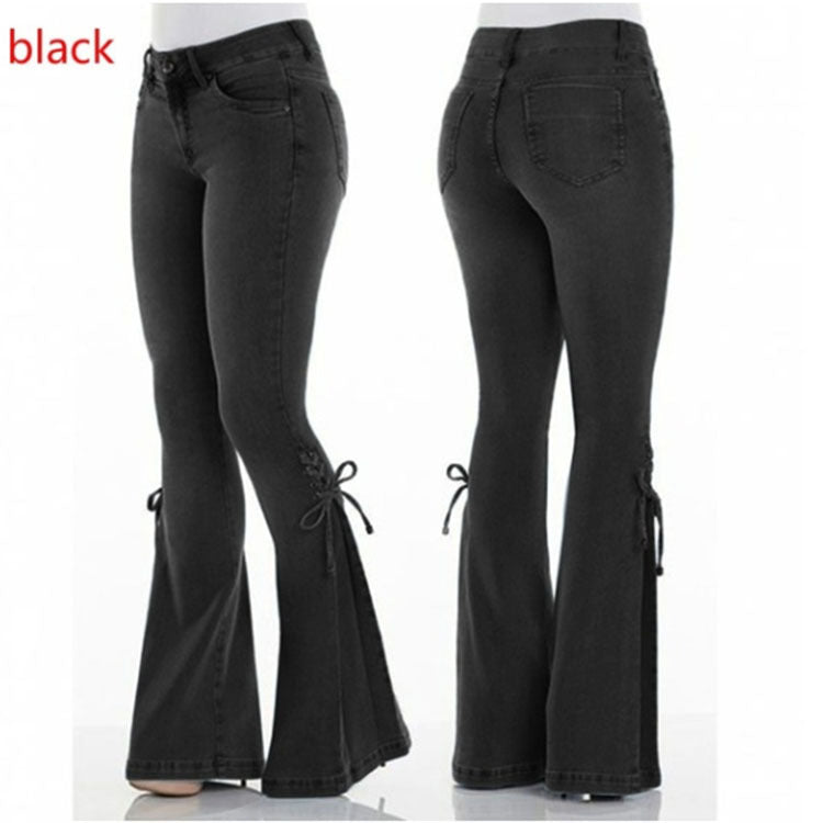 vmtvr summer outfits inspo Women's Jeans Mid-Waist Lace-up Denim Trousers Stretch Jeans Women's Flared Pants Denim