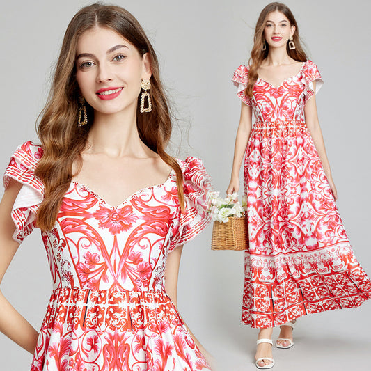 Real shot, summer new product positioning printed V-neck high-waisted pendulum dress, slim A-shaped skirt