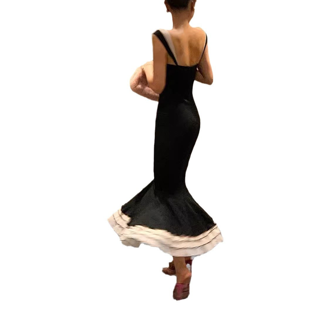 vmtvr android vs cyberborg dress to impress French Style Black Knitted Sling Dress Women's Summer Step Lotus Elegant Slim Slimming Fishtail Dress