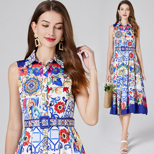 Real shot, summer new blue and white porcelain positioning printed shirt collar single-breasted dress, slim-fitting A-shaped skirt