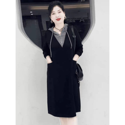 New spring and autumn Popular look thin fake two hooded dress temperament middle-aged mother loose medium and long skirt