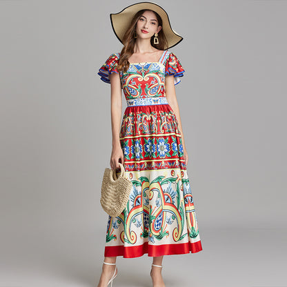 Real shot, summer new product positioning printing slim-fitting high-waisted flying sleeve dress, big pendulum A-shaped skirt