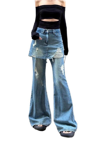 vmtvr western outfits women Plus Size Micro Flared Apron Jeans Women's Summer Chubby Girl Ripped Fake Two-Piece Slimming Straight Mop Pants