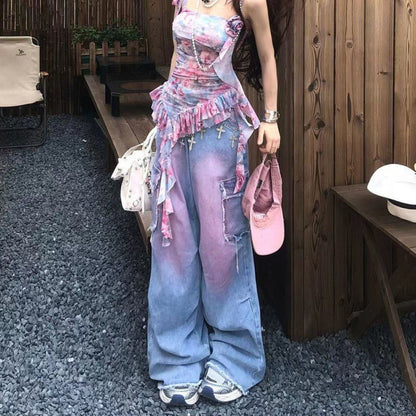 vmtvr 2000s fashion American Retro Rendering Workwear Jeans Women's Summer High Street High Waist Loose Slimming Wide Leg Mopping Pants