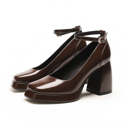 2025 8399-6 Mary Jane shoes 2025 autumn new fashion thick heel one-word buckle with square head waterproof table high heels