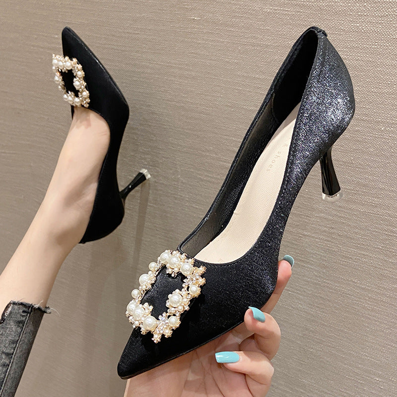2025 SX775-18 high heels 2025 new pointed thin heels high heels wedding shoes women's rhinestone square buckle Xiuhe shoes