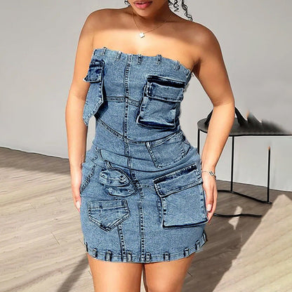 vmtvr 90s fashion Personalized Street Denim Hip Skirt Spring New Solid Color Stitching Multi-Pocket Tube Top High Waist Dress Women