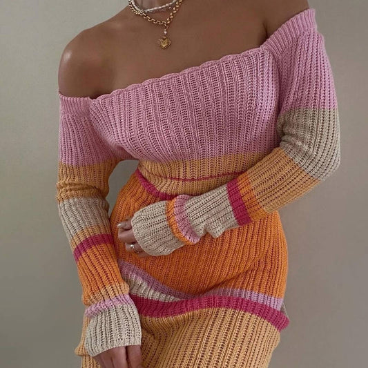 vmtvr 2024 fall fashion trends Long Contrast Color off-Shoulder Cut-out Beach Long Sleeve Knitted Striped Dress Women