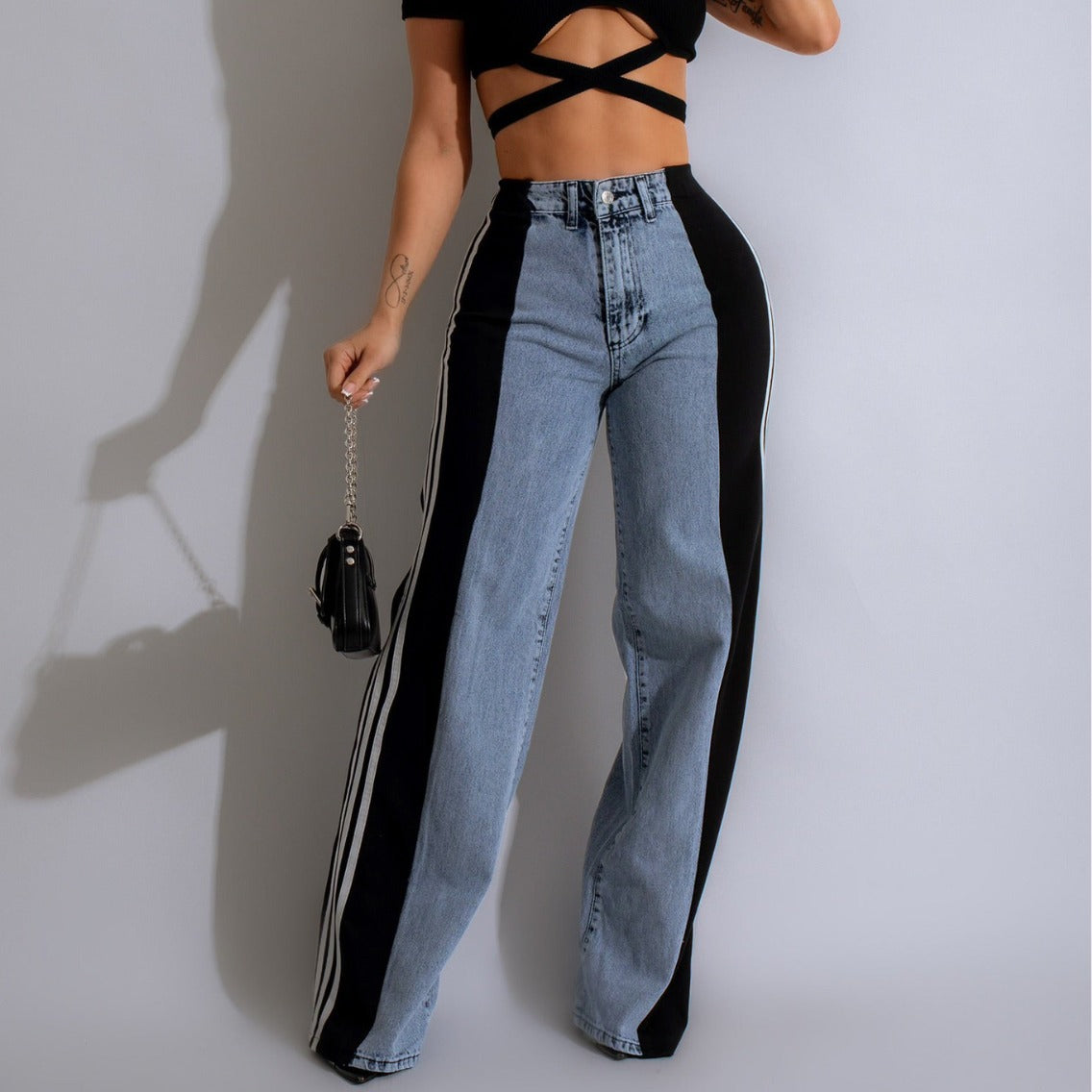 vmtvr 2000s fashion 2024 Summer Fashion Stitching Three Striped Wide Leg Denim Trousers Women's New Casual High Waist Stretch Straight Pants