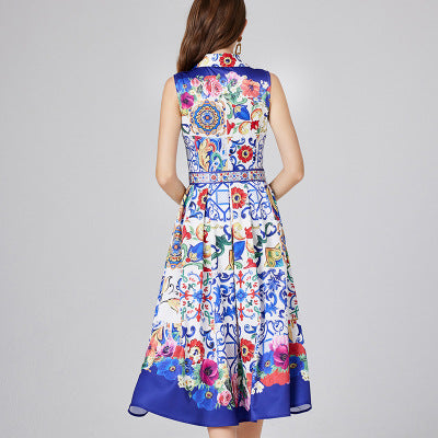 Real shot, summer new blue and white porcelain positioning printed shirt collar single-breasted dress, slim-fitting A-shaped skirt