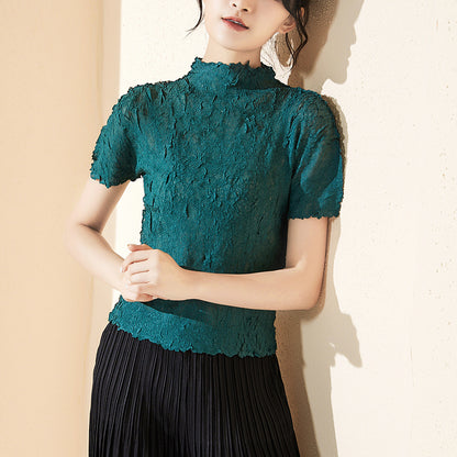 2025 basic hot-selling short-sleeved top women's summer slim-fitting high-end sense fashion temperament semi-turtleneck versatile T-shirt