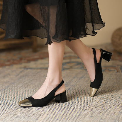 2025 5299-3 Customized bag head rear empty sandals women's medium heel 2025 new summer thick heel  small gold head single shoes