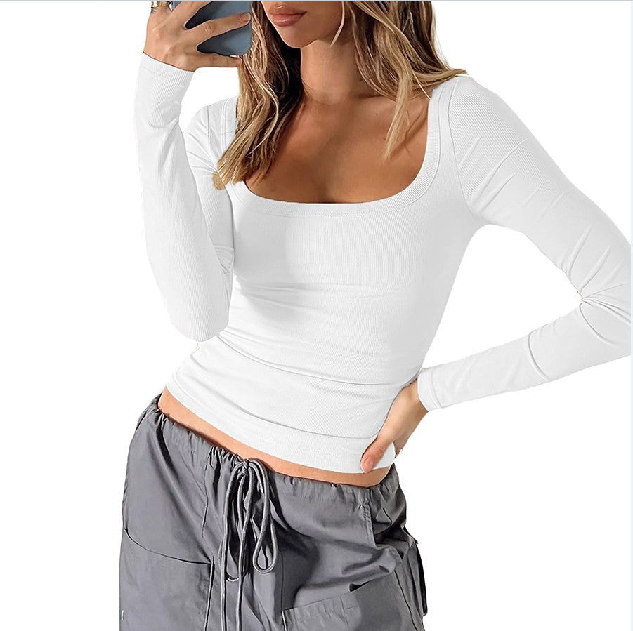 vmtvr outfit ideas for school New Spring and Summer Solid Color Square Collar Long Sleeve Bottoming T-shirt Women's Clothing