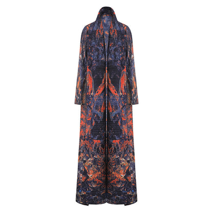 2025 Muslim women's Dubai robe abaya high-end versatile printed lace-up large-size trench coat