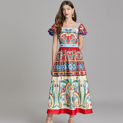 Real shot, summer new product positioning printing slim-fitting high-waisted flying sleeve dress, big pendulum A-shaped skirt