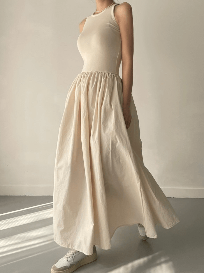 vmtvr - Elegant Round Neck Waist Slim Pleated Long Dress