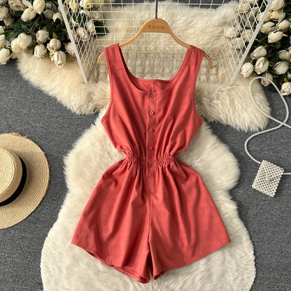 vmtvr going out outfits Summer New Ins Seaside Holiday Style Solid Color Wide-Leg One-Piece Shorts Women's Single-Breasted U-Neck Suspender Jumpsuit Pants