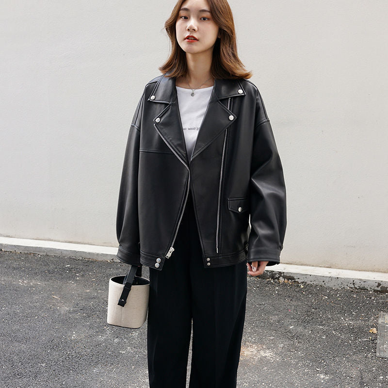 vmtvr fall outfits women Korean Style Casual Loose Black Motorcycle PU Leather Coat Women's Spring and Autumn Versatile Slimming plus Size Leather Jacket