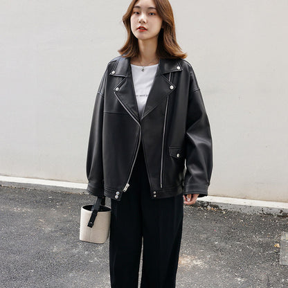 vmtvr fall outfits women Korean Style Casual Loose Black Motorcycle PU Leather Coat Women's Spring and Autumn Versatile Slimming plus Size Leather Jacket