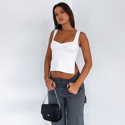 vmtvr dress to impress outfits Summer Women's Solid Color Square Collar Sling Pleated Split Backless Sexy Hot Girl Top T-shirt