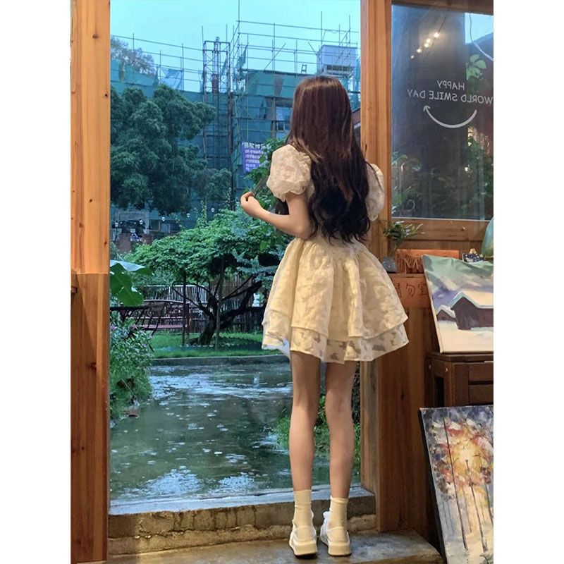 vmtvr cherry blossom dress to impress Summer Women's Clothing French Retro Waist-Tight Temperament Bubble Sleeve Princess Dress Gentle Style Fluffy Dress