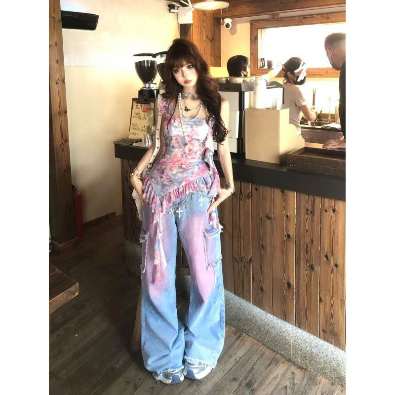 vmtvr 2000s fashion American Retro Rendering Workwear Jeans Women's Summer High Street High Waist Loose Slimming Wide Leg Mopping Pants