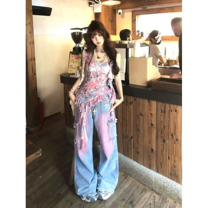 vmtvr 2000s fashion American Retro Rendering Workwear Jeans Women's Summer High Street High Waist Loose Slimming Wide Leg Mopping Pants