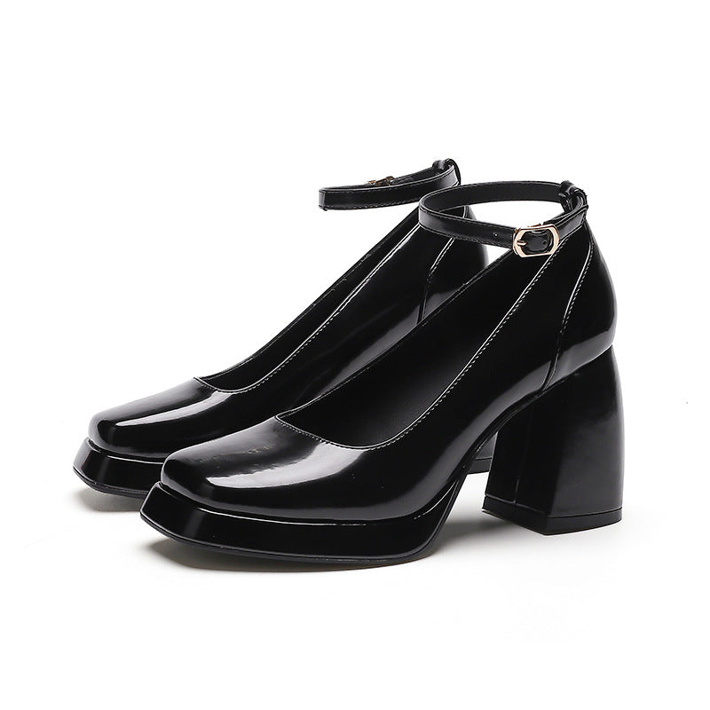 2025 8399-6 Mary Jane shoes 2025 autumn new fashion thick heel one-word buckle with square head waterproof table high heels