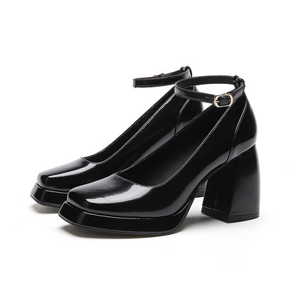 2025 8399-6 Mary Jane shoes 2025 autumn new fashion thick heel one-word buckle with square head waterproof table high heels