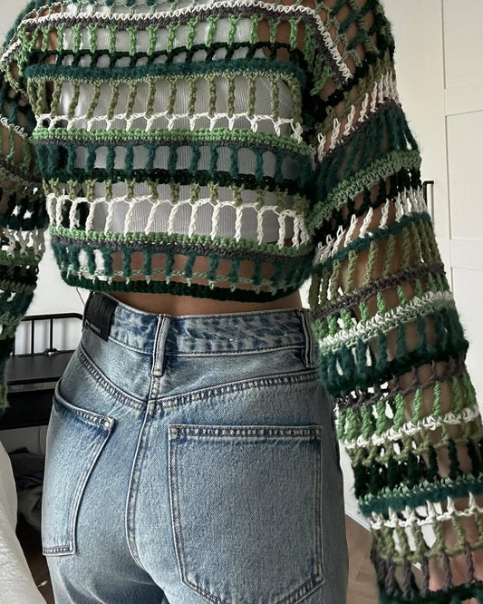 vmtvr Outfit Inspo Retro Street Style Colorful Striped Hollow-out Loose Casual Woolen Blouse Women's Spring and Summer European Style New Sweater