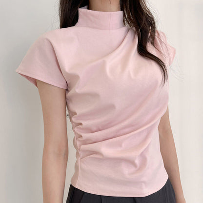 vmtvr business casual outfits Chic Summer New French Style Elegant Half Turtleneck Pleated Loose Casual All-Match Short Sleeve T-shirt Top for Women