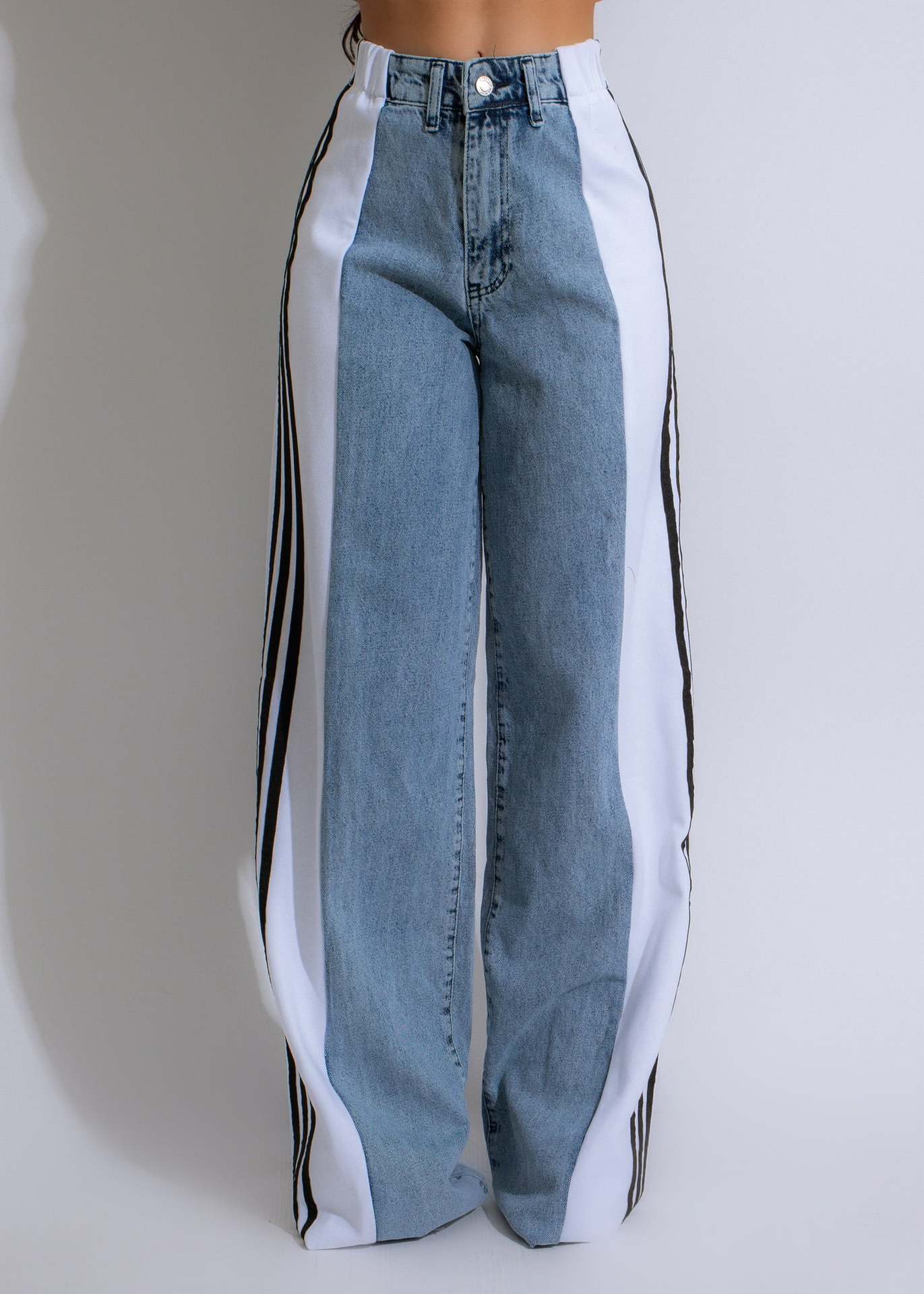 vmtvr 2000s fashion 2024 Summer Fashion Stitching Three Striped Wide Leg Denim Trousers Women's New Casual High Waist Stretch Straight Pants