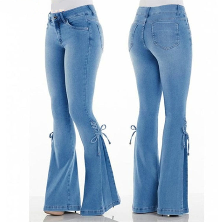vmtvr summer outfits inspo Women's Jeans Mid-Waist Lace-up Denim Trousers Stretch Jeans Women's Flared Pants Denim